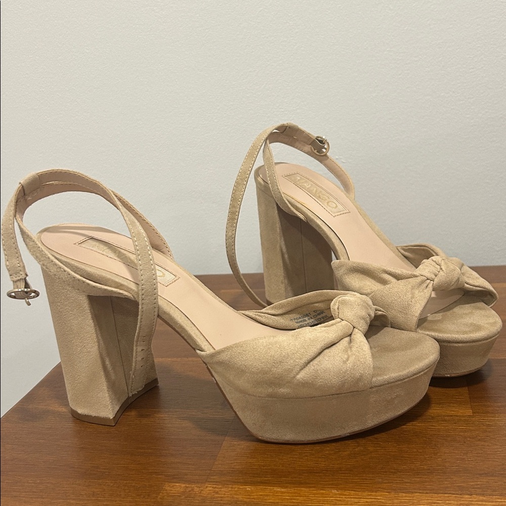 Mango Beige Platform Heels with Bow Detail